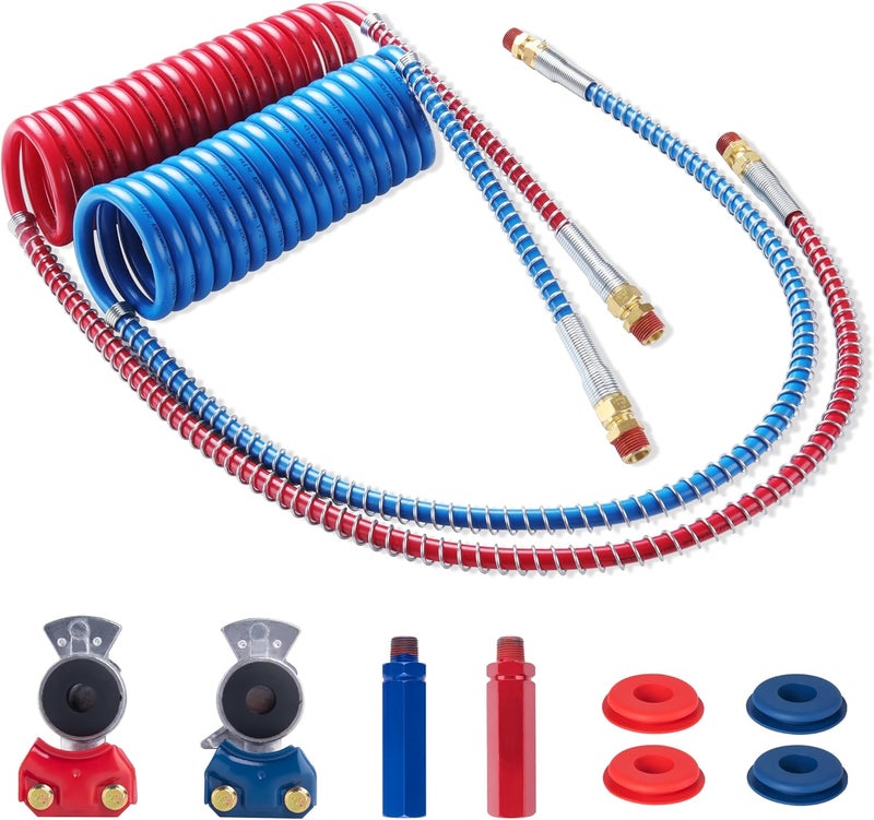 Ailbiuko Semi Truck Air Brake Line Hose Coil Assembly Coiled Set Airline Blue Red Pigtail Trailer Air Hose,1/2" NPT DOT Fittings with Glad Hands & Grips & Rubber Seals (15' Length x 40" Tractor Lead) - Image 1